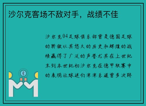 沙尔克客场不敌对手，战绩不佳