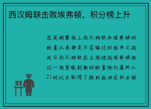 西汉姆联击败埃弗顿，积分榜上升