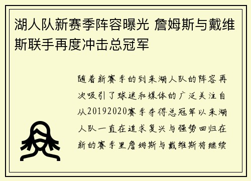 湖人队新赛季阵容曝光 詹姆斯与戴维斯联手再度冲击总冠军