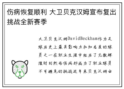 伤病恢复顺利 大卫贝克汉姆宣布复出挑战全新赛季