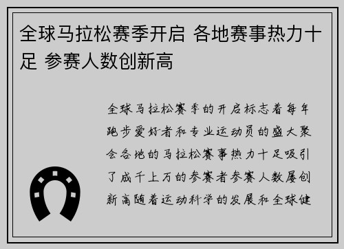 全球马拉松赛季开启 各地赛事热力十足 参赛人数创新高