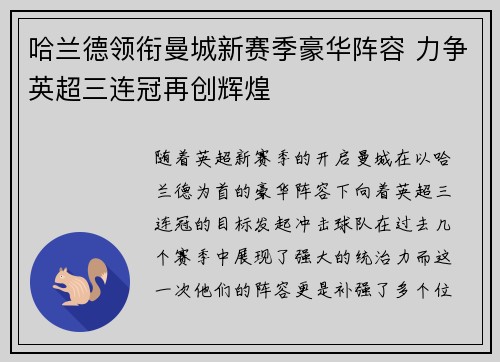 哈兰德领衔曼城新赛季豪华阵容 力争英超三连冠再创辉煌