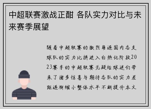 中超联赛激战正酣 各队实力对比与未来赛季展望