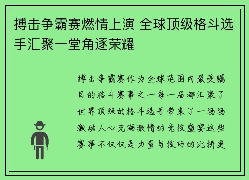 搏击争霸赛燃情上演 全球顶级格斗选手汇聚一堂角逐荣耀