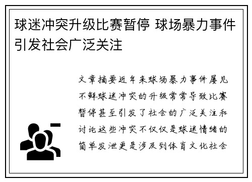 球迷冲突升级比赛暂停 球场暴力事件引发社会广泛关注